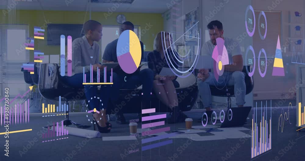 Poster discussing project in modern office, diverse team with business data analytics animation