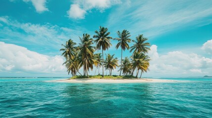 Tropical island with palm trees swaying in the breeze, turquoise water lapping at the sandy shore, serene and idyllic summer getaway