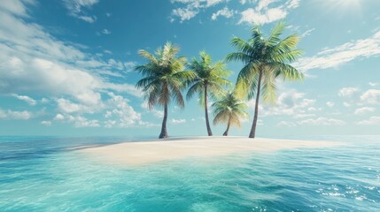 Tropical island with palm trees swaying in the breeze, turquoise water lapping at the sandy shore, serene and idyllic summer getaway