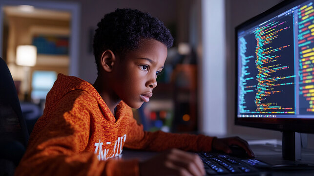 Boy writing Python scripts AI code assistants help error-check existing code and generate new code from text prompts
