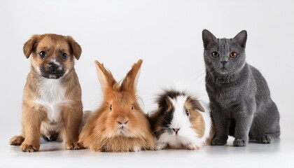 Obraz premium 犬と猫とウサギとモルモットのポートレート（Group of dog and cat and rabbit and guinea pig portrait white background） 