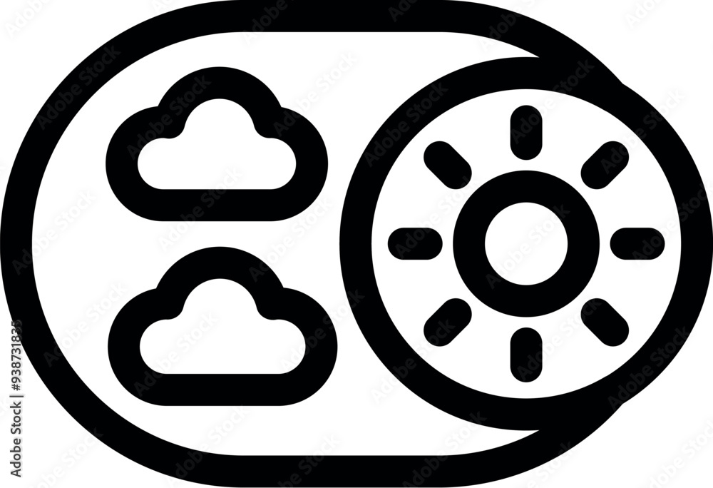 Poster simple vector icon representing a toggle button changing from cloudy to sunny weather, symbolizing w