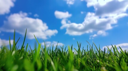 Obraz premium Summer Lawn with Sky and Clouds, Featuring Ice Elements. A Refreshing Scene Capturing a Green Lawn Under a Clear Sky with Fluffy Clouds and Cool Ice Details, Evoking a Summery Feel.