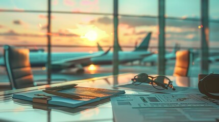 Sunset view of airport terminal with documents, tablet, and glasses on table. Airplanes in background create a serene travel atmosphere.