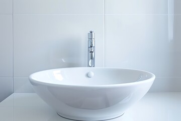 Fototapeta premium Modern white bathroom sink with chrome faucet against clean tiled wall. Minimalist design for contemporary home interiors.
