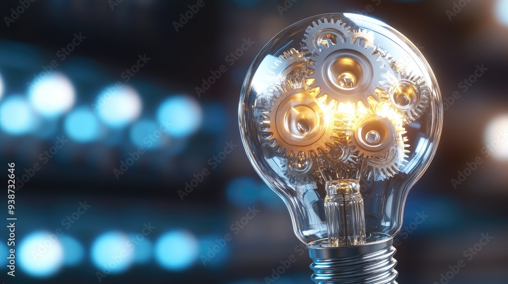Poster abstract light bulb with gears and cogs representing innovative mechanical solutions
