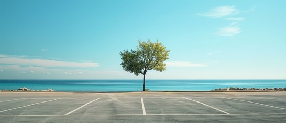Lonely tree standing in an empty parking lot by the serene ocean under a clear blue sky. Perfect for nature and landscape themes.