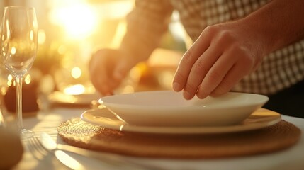 Setting the Table for a Cozy Dinner, a hand gracefully arranging dinnerware at sunset, evoking warmth and anticipation for a shared meal.