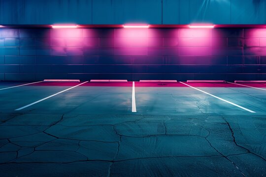 Empty urban parking lot illuminated by vibrant pink and blue neon lights, creating a modern and futuristic atmosphere at night. - Powered by Adobe