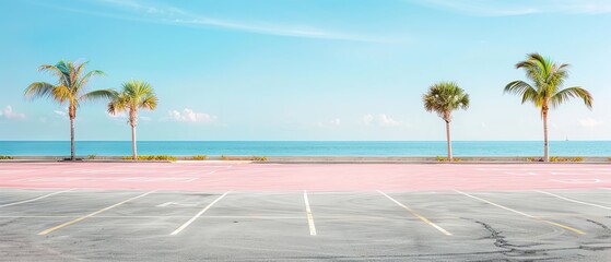 Empty beach parking lot with palm trees and ocean view under a clear blue sky. Perfect tropical getaway scene.