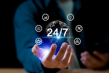 24 hour service online store concept After-sales service in 24h online service with 24h access to global customer service.	