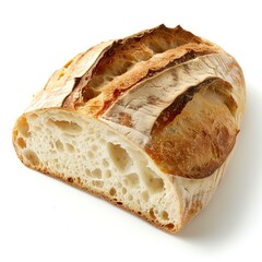 Close-up of a fresh, artisanal sourdough bread slice on a white background, showcasing its rustic crust and airy crumb texture.
