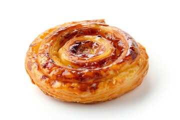 Close-up of a delicious, freshly baked cinnamon roll with a golden, shiny glaze, perfect for breakfast or snack. Isolated on a white background.