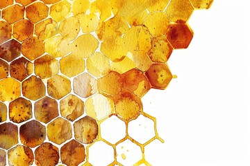 Abstract watercolor painting of hexagonal honeycomb pattern in warm yellow and brown hues on white background.