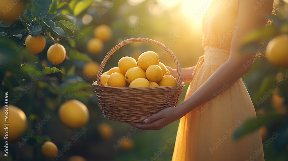 Sticker woman's hand gracefully holds a basket filled with an assortment of ripe, vibrant fruits. The fresh produce symbolizes abundance, vitality, and a connection to nature's bounty