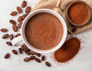 Mug of hot chocolate drink and cocoa powder with cacao beans, cocoa nibs isolated on white background. Top view. Flat lay. Ai generated image