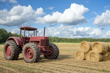 Fototapeta premium Red vintage tractor parked beside hay bales in a harvested field, set against a backdrop of lush forests and dramatic cloudy sky