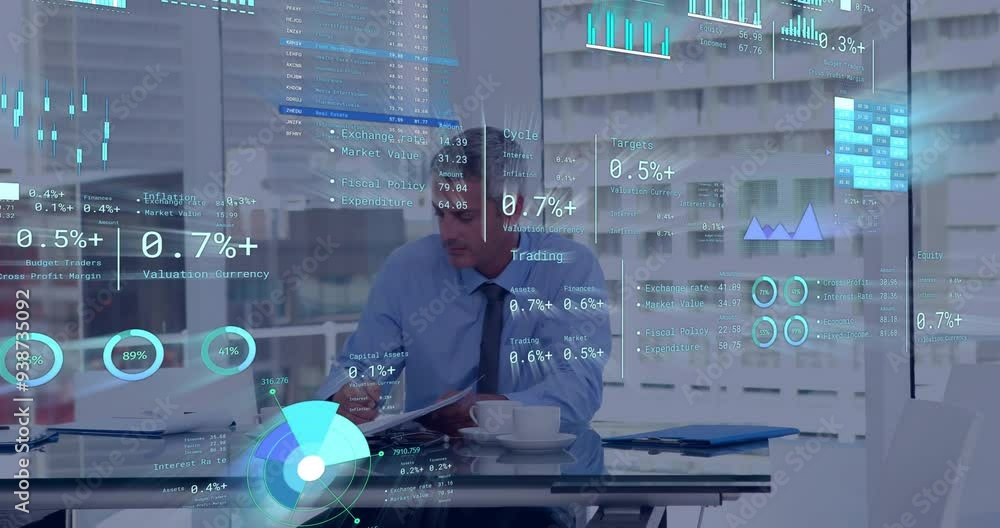 Poster working at desk, businessman analyzing financial data with animation in office background