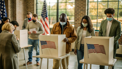 Group of voters in a serious mood casting their ballots at polling stations during election day
