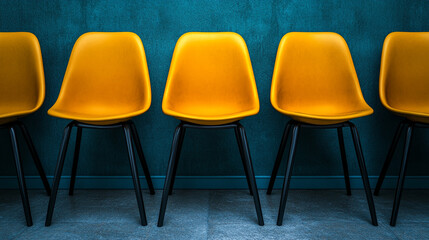 yellow chair stands out among a group of black chairs, symbolizing individuality, uniqueness, and leadership. This image conveys the power of standing out in a business context
