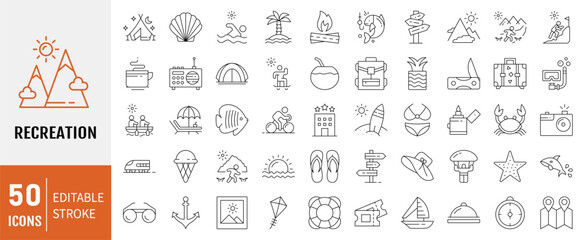 Recreation line icon set. Containing hiking, tour, travel, summer, beach, holiday, vacation icons. Vector Illustration