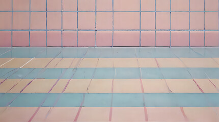 a picture of a tiled floor with a pink and blue wall