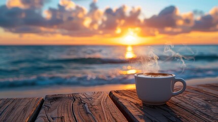 A steaming cup of coffee sits on a wooden table by the beach, with a stunning sunset over calm ocean waves in the background.