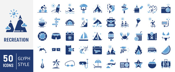Recreation icon set. Containing hiking, tour, travel, summer, beach, holiday, vacation icons. Solid icon collection. © ARIF MIFTAHUL ANWAR