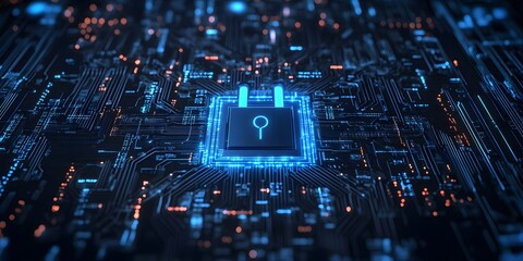 Obraz premium Digital padlock icon, cyber security banner, network and data protection technology on virtual interface screen. cyber attack, and business data privacy concept. Generative AI