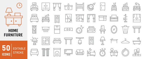 Home Furniture line icons set. Kitchen, bedroom, sofa table, bookcase closet, chair, mattress, lamps, ladder and more. Vector Illustration.