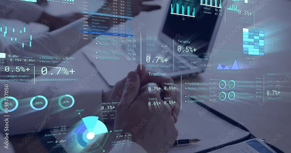 Poster analyzing financial data animation, business people working with data visualization