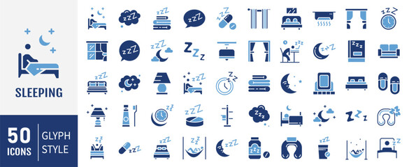 Sleeping icon set. Related to sleep, bedroom, dream, pillow, bed, alarm clock, insomnia, night and rest icons. Solid icon collection.
