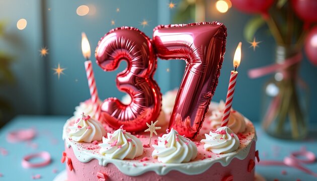 Number 37th Birthday Balloon Celebration Cake, Adorned with Sparkling Confetti, Stars, Glitters, and Streamer Ribbons for a Festive Atmosphere
