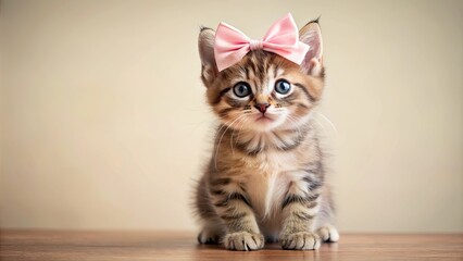 Adorable kitten with a cute bow sitting on its head, pet, animal, feline, cute, adorable, bow, accessory, small, domestic, fur