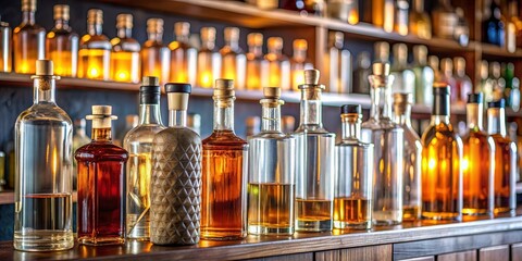 Bottles of various spirits on a stylish bar shelf , beverages, alcohol, liquor, distilled, drinks, bar, collection, whiskey, vodka