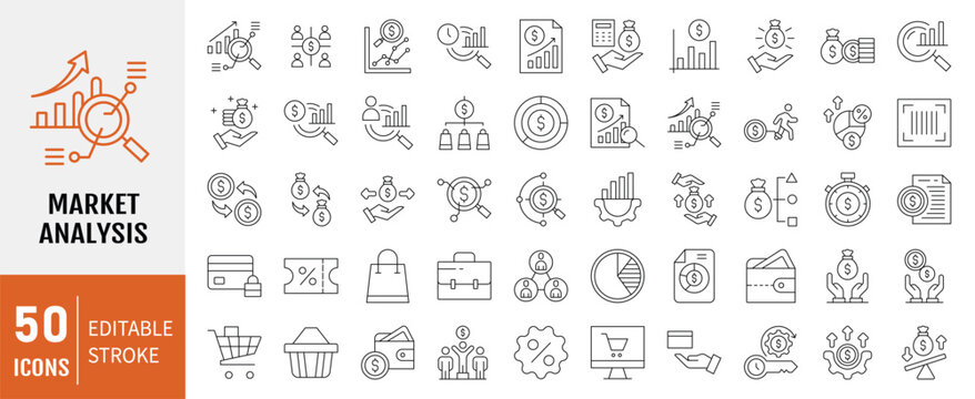 Market analysis line editable icon set. Containing icons: segmentation, trends, data, sales, analysis and more. Vector Illustration