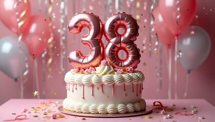 Number 38th Birthday Balloon Celebration Cake, Adorned with Sparkling Confetti, Stars, Glitters, and Streamer Ribbons for a Festive Atmosphere