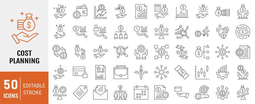 Cost planning icon set. Containing icons: Budget, expense, investment, estimate, overhead, funding and more.  Vector illustration