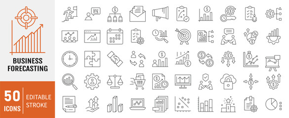 Business forecasting icon set. Containing icons: Prediction, analyze, data, trend, budgeting, accuracy, strategy and more. Vector Illustration