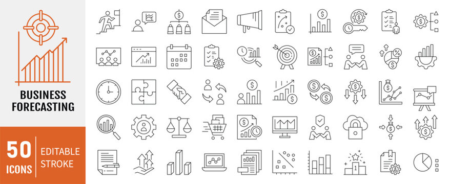 Business forecasting icon set. Containing icons: Prediction, analyze, data, trend, budgeting, accuracy, strategy and more. Vector Illustration