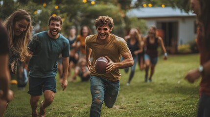 A group of friends is playing a casual game of football in someone's backyard