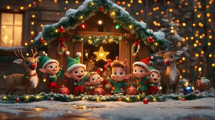 A group of cheerful elves is decorating the reindeer stable with Christmas lights