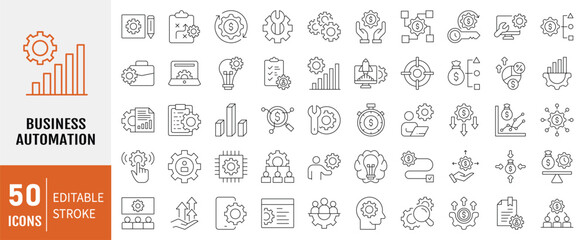Business automation icon set. Containing icons: Process, digital transformation, industry 4.0, productivity, technology, business and more. Vector illustration