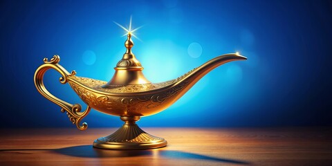 Golden magic lamp on a bright and blue background, magic, lamp, golden, genie, wish, fantasy, mystical, magic lamp, shiny