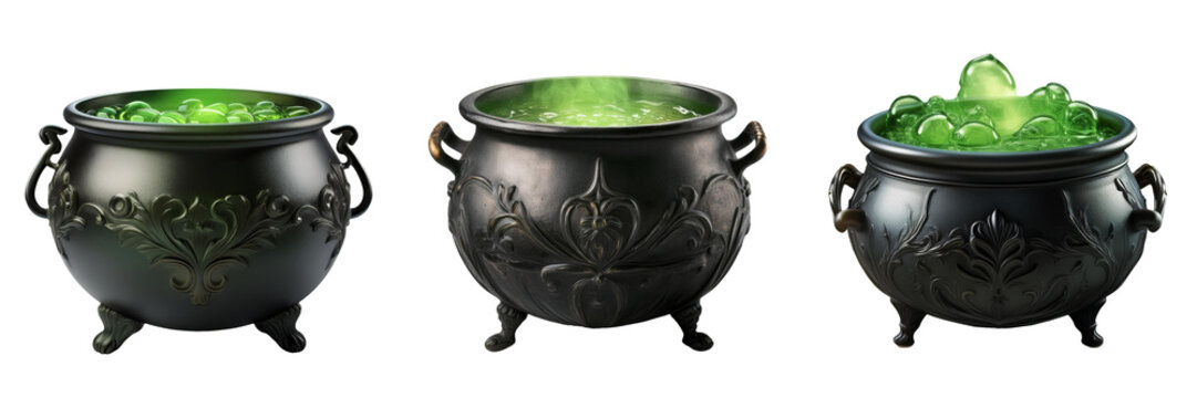 green potion brewing in a black cast iron witch cauldron isolated on transparent background