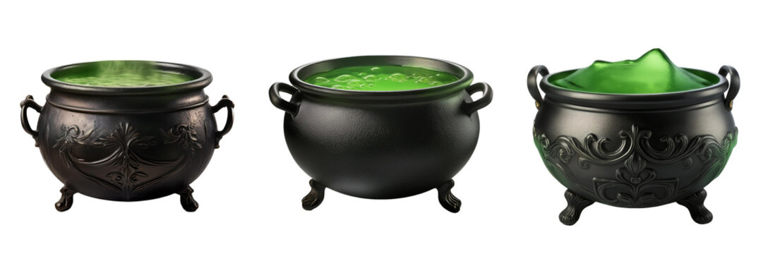 green potion brewing in a black cast iron witch cauldron isolated on transparent background