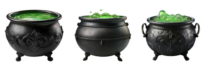 green potion brewing in a black cast iron witch cauldron isolated on transparent background