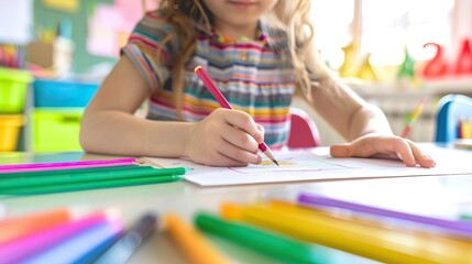 Child's hands writing in notebook with colorful pencils and crayons on table emphasizing education creativity and learning in vibrant classroom setting
