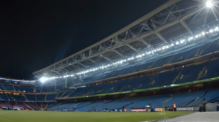 a view of a soccer field with a stadium in the background