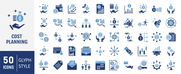 Cost planning solid icon set. Containing icons: Budget, expense, investment, estimate, overhead, funding and more. Vector illustration